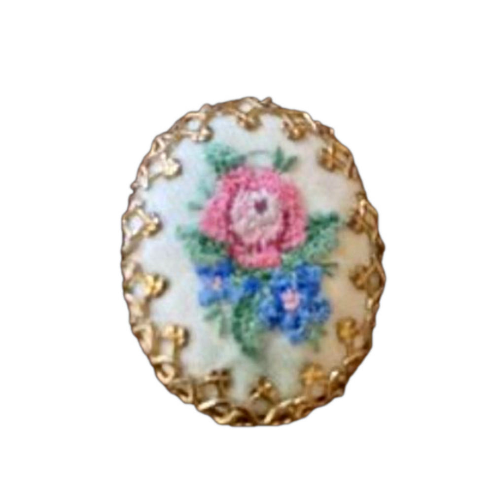 vintage needlepoint brooch with rose design